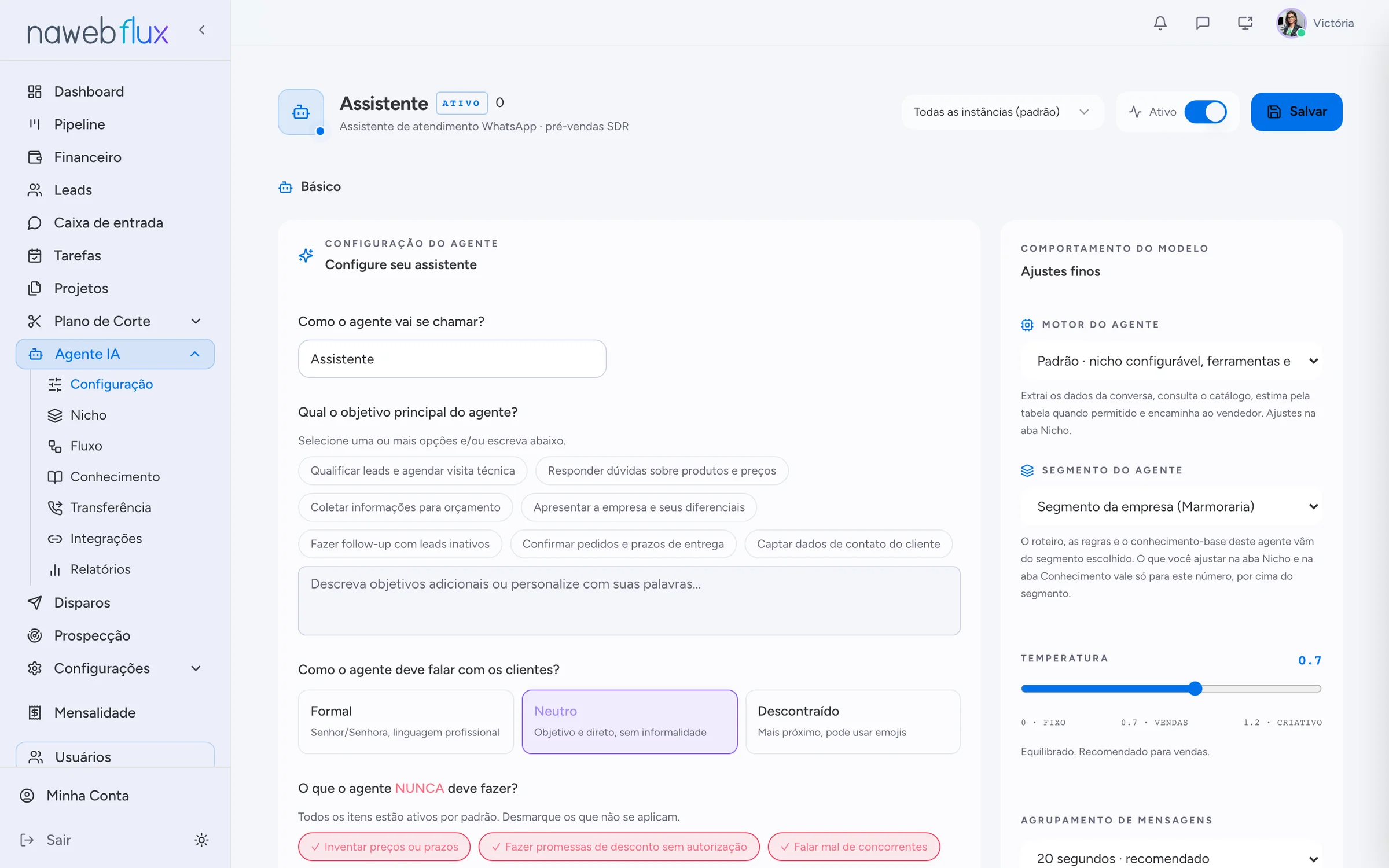 Configuração do agente de IA: motor, segmento, temperatura, modo de teste e follow-up
