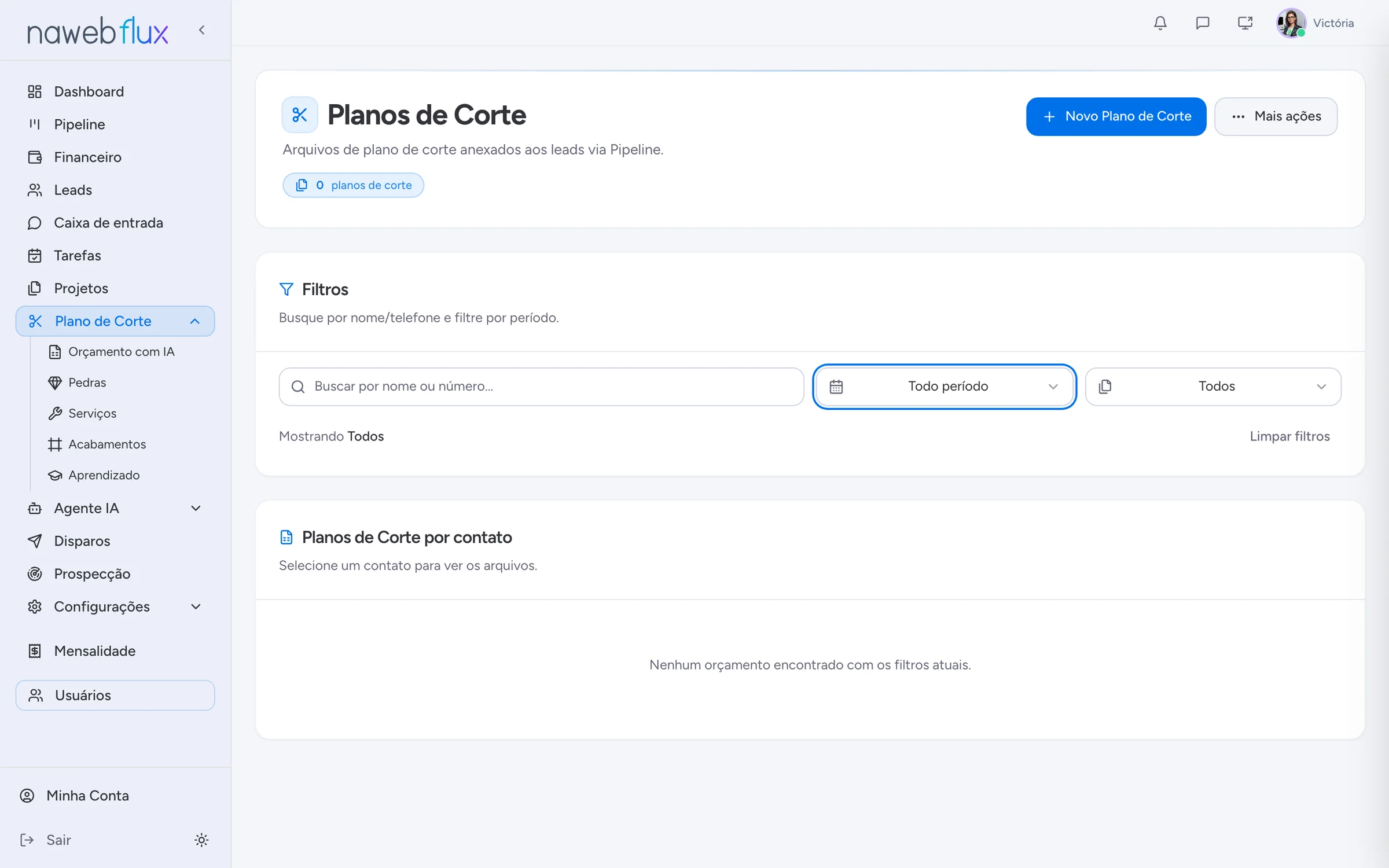 Lista de planos de corte por contato